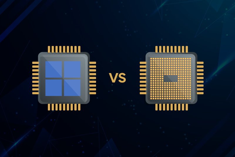 Stylized digital image of CPU and GPU chips side by side representing processor types