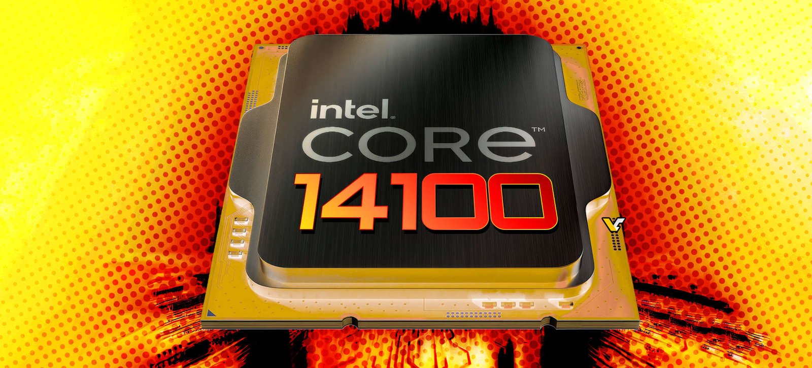 Intel Core i3-14100 chip glowing with red and yellow effects – part of Intel’s lineup of budget gaming CPUs in 2025