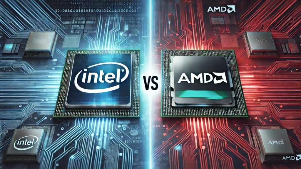 Split motherboard showing Intel vs AMD in 2025, with blue and red sides lit by glowing circuitry