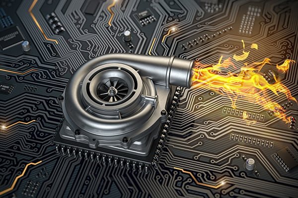 CPU with a turbocharger-like engine above it, firing energy to represent overclocking performance boost