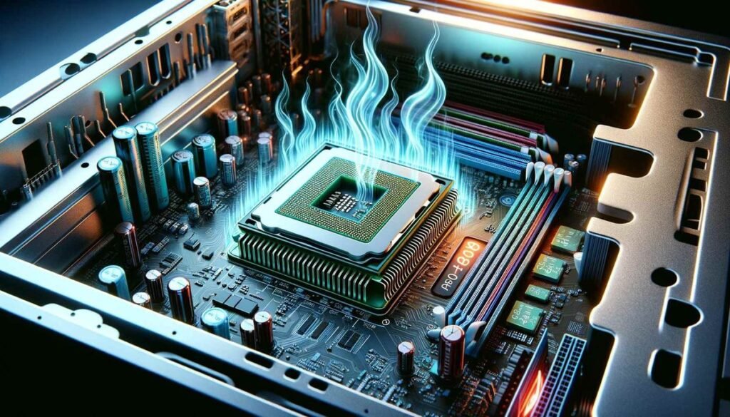 Close-up of a CPU inside a PC case appearing to emit heat or fire, symbolizing high TDP and power consumption