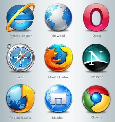 Logos of web browsers like Chrome, Mozilla, Opera — representing light CPU use for basic tasks like browsing in 2025