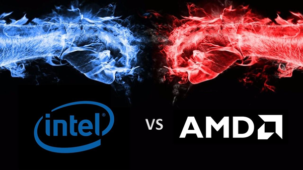 Artistic representation of a red AMD hand punching a blue Intel hand to symbolize competition