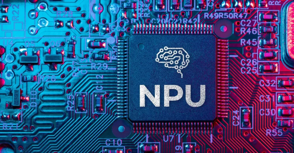 Close-up of an NPU chip on a circuit board with visible bus lines and connections