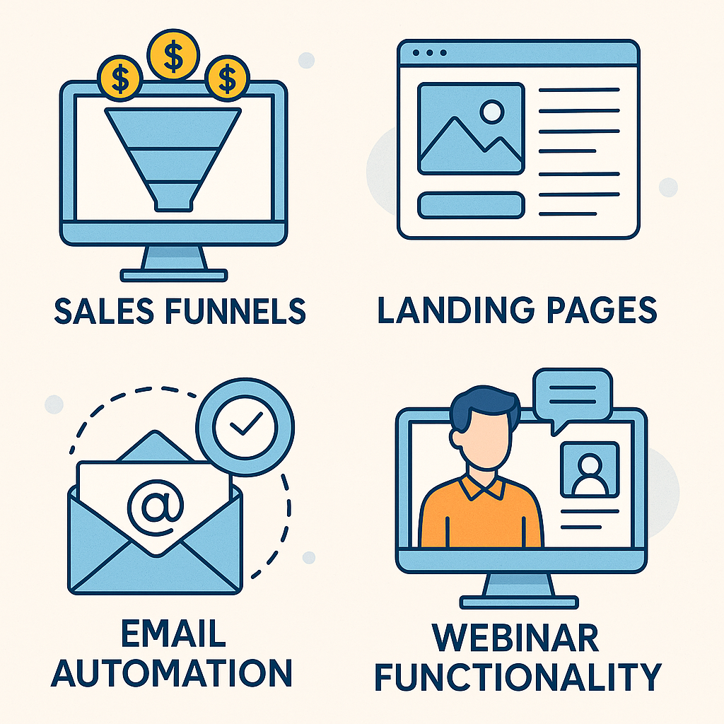 SALES FUNNELS, LANDING PAGE, EMAIL AUTOMATION, WEBINAR FUNCTIONALITY